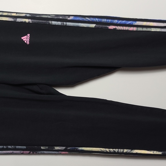 ADIDAS Black And Pink Logo Leggings with Multi Print Stripes Size XLarge - Picture 6 of 16